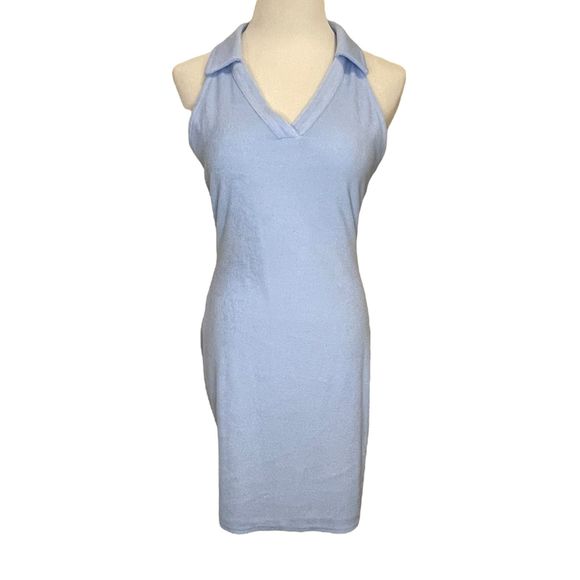 Bar III NWT Women Bodycon V-Neck Terry Cloth Mini Dress Blue Whisper Open Back L - Picture 2 of 9